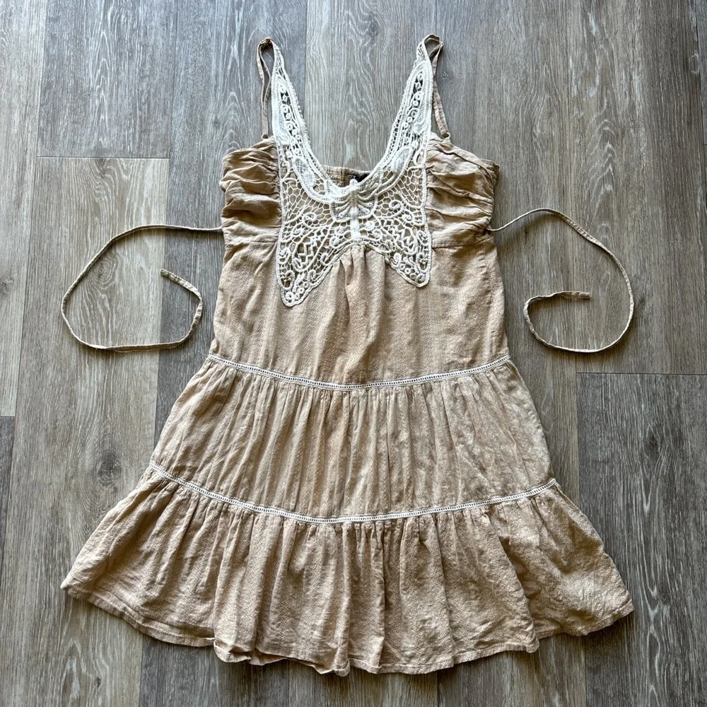 Passport Y2K Beige Tiered Butterfly Crochet Fairy Festival Babydoll Dress Size S - Picture 3 of 10